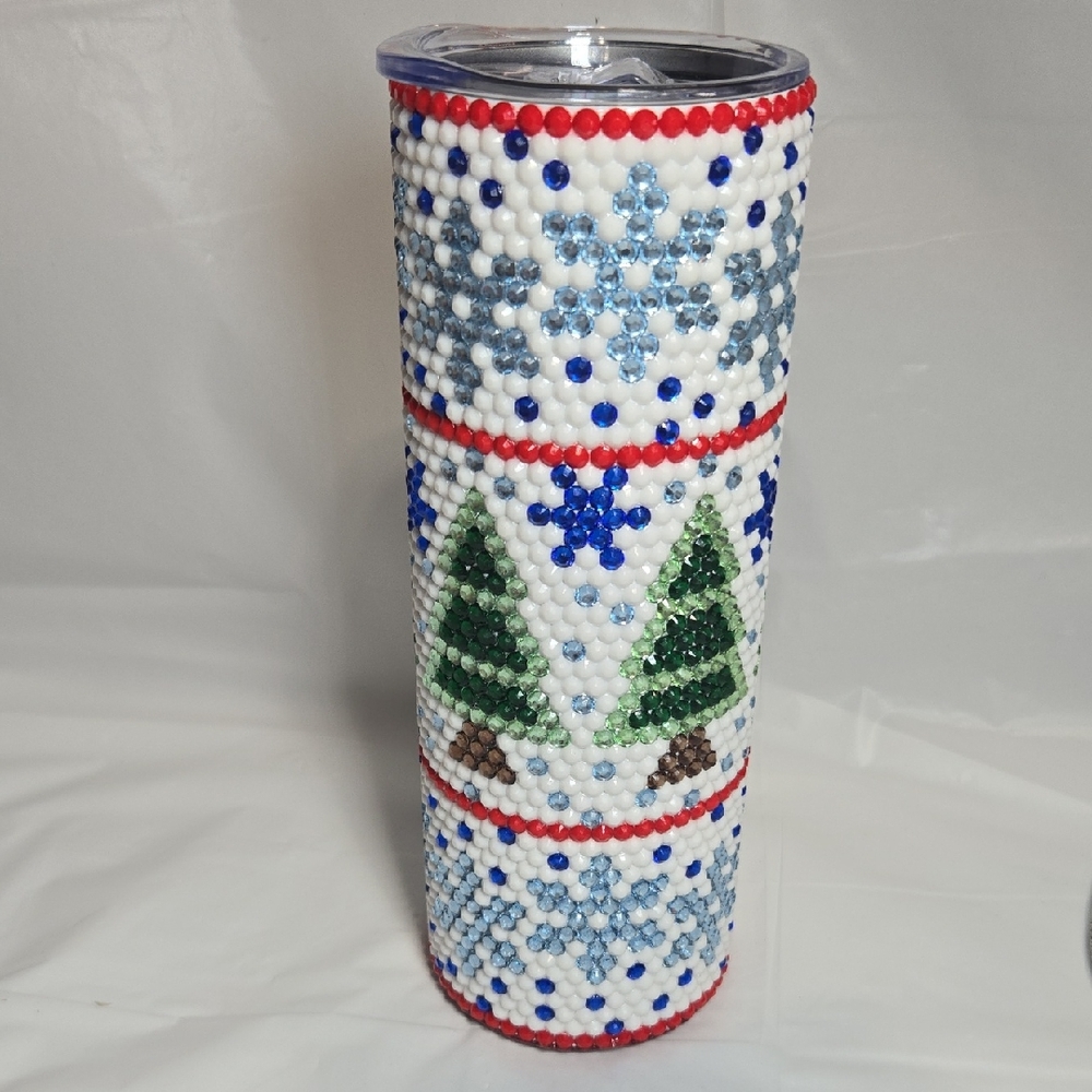 20oz Hand Placed Festive Snowflake and Tree Rhinestone Tumbler